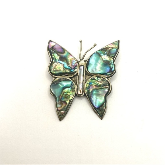 MEXICO Alpaca Abalone Shell Butterfly Brooch VTG - Picture 2 of 10